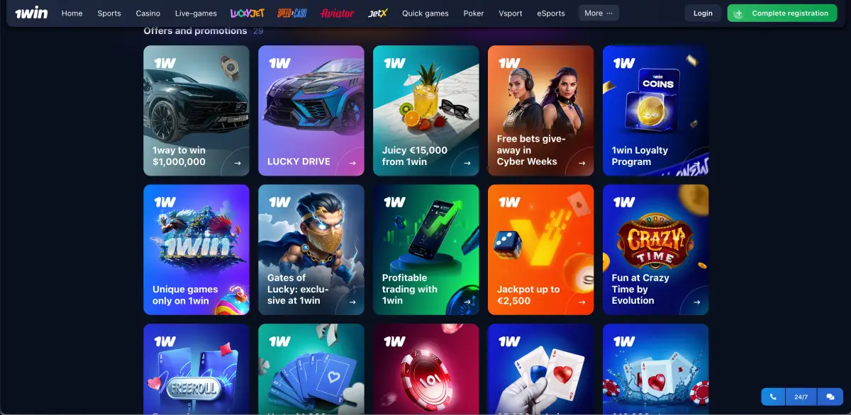  Mobile version of the 1Win casino app displaying crash and slot games on Android.