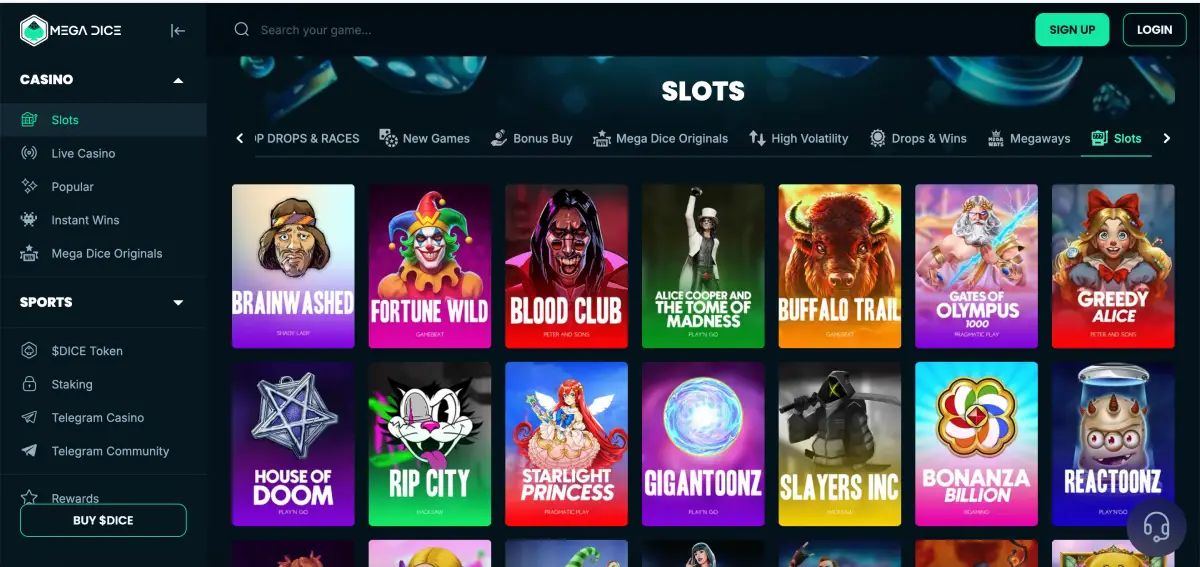 Crypto deposit options at Mega Dice with wallet address display