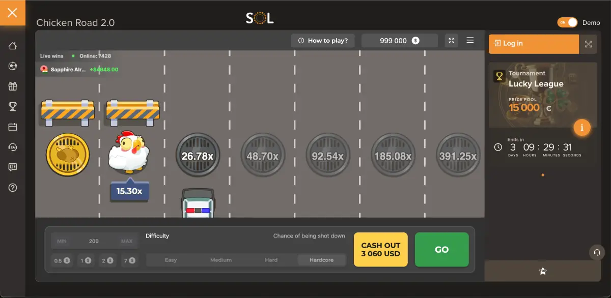 Difficulty selection menu in Chicken Road 2 with Easy to Hardcore modes
