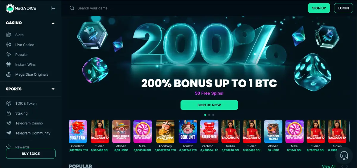 Mega Dice registration form with email and currency selection