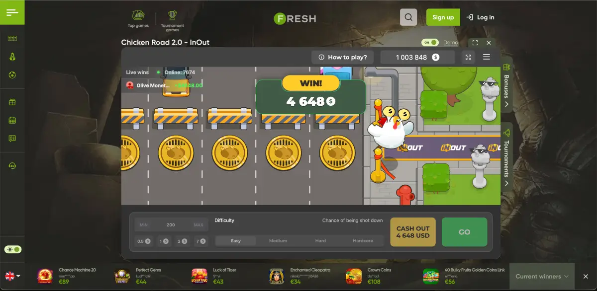 Mobile gameplay view of Chicken Road 2 with live multiplier and tile progression