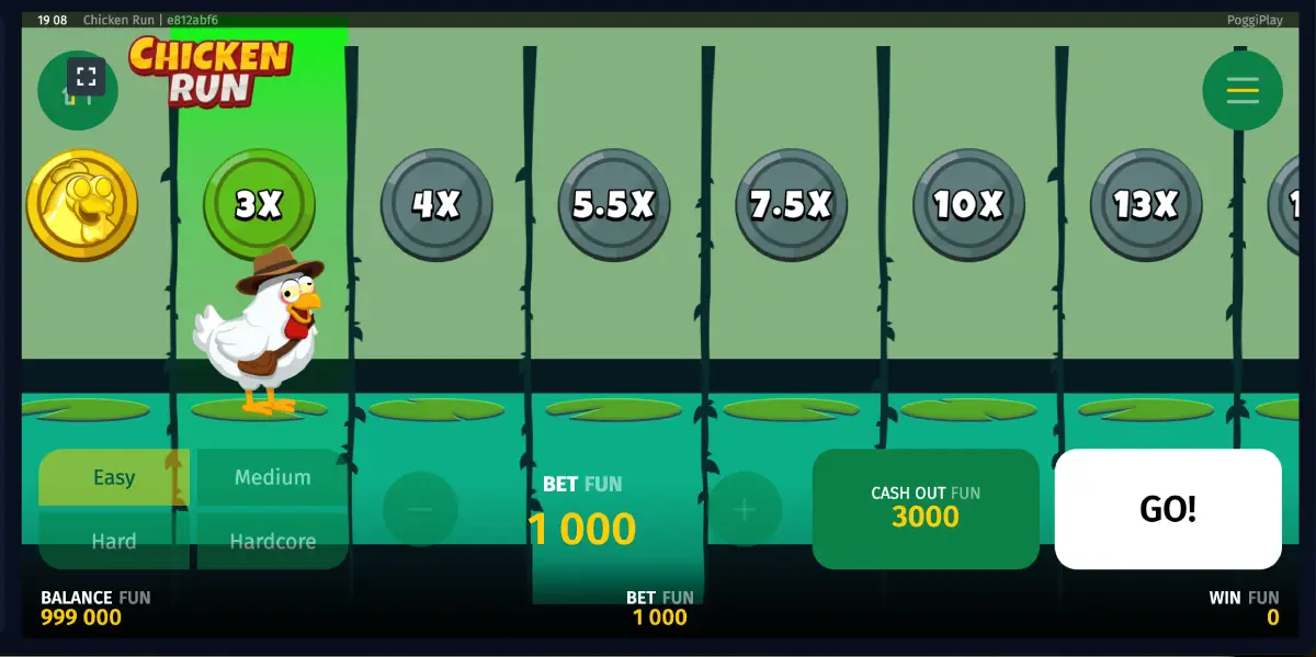 Chicken Run crash game in Hardcore mode with high multiplier progression