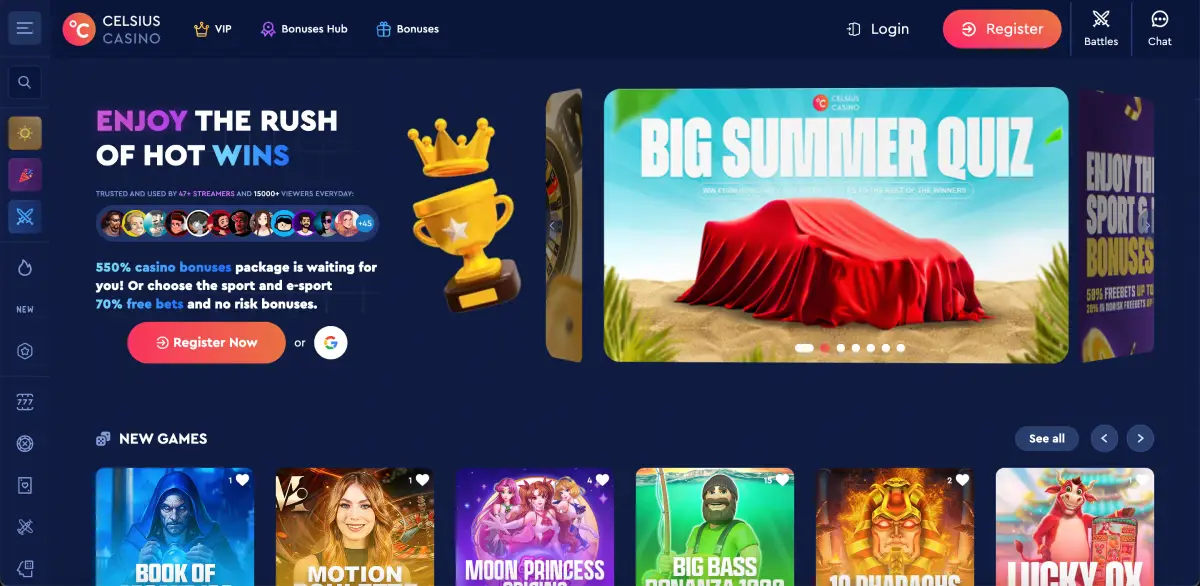 Main dashboard of Celsius Casino showing crypto games, navigation menu, and account access panel. Main dashboard of Celsius Casino showing crypto games, navigation menu, and account access panel.