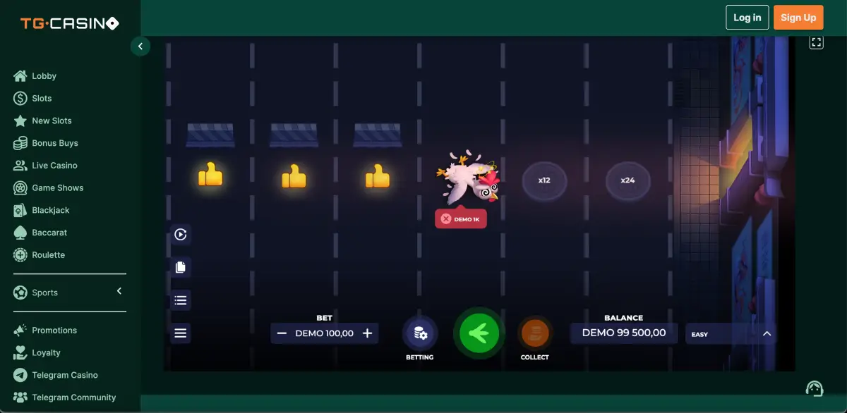 Chicken Run game showing road escape sequence with rising multipliers
