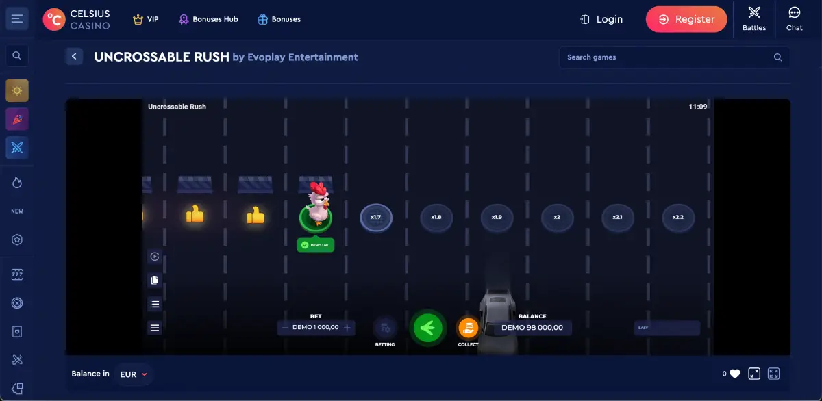 Rooster Run chicken cross the road game with space platforms and jump animation