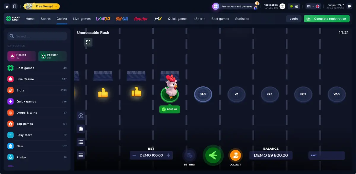 Uncrossable Rush chicken cross the road game in demo mode on highway lanes