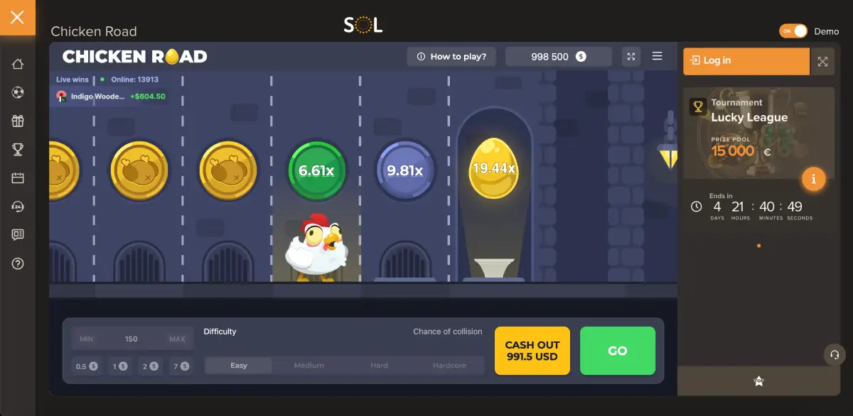 Demo mode of Chicken Road in Sol Casino showing safe steps and cashout option