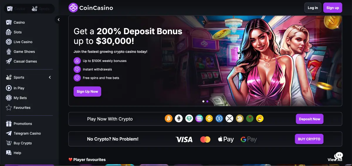 Bonus promotions and rewards dashboard at CoinCasino