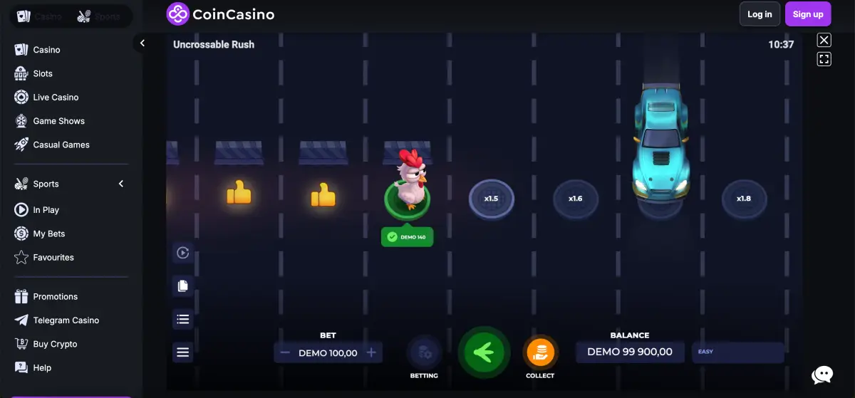 CoinCasino Telegram app interface with game list and quick balance summary