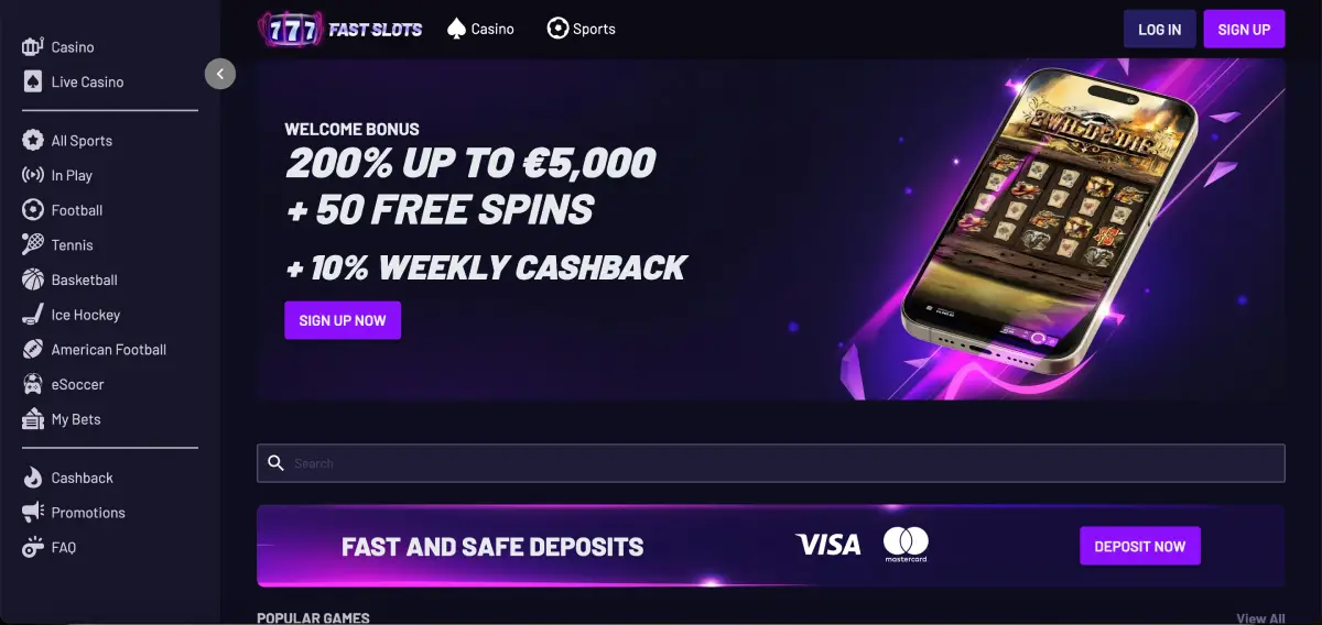 200% welcome bonus at Fast Slots Casino with €5,000 and 50 free spins