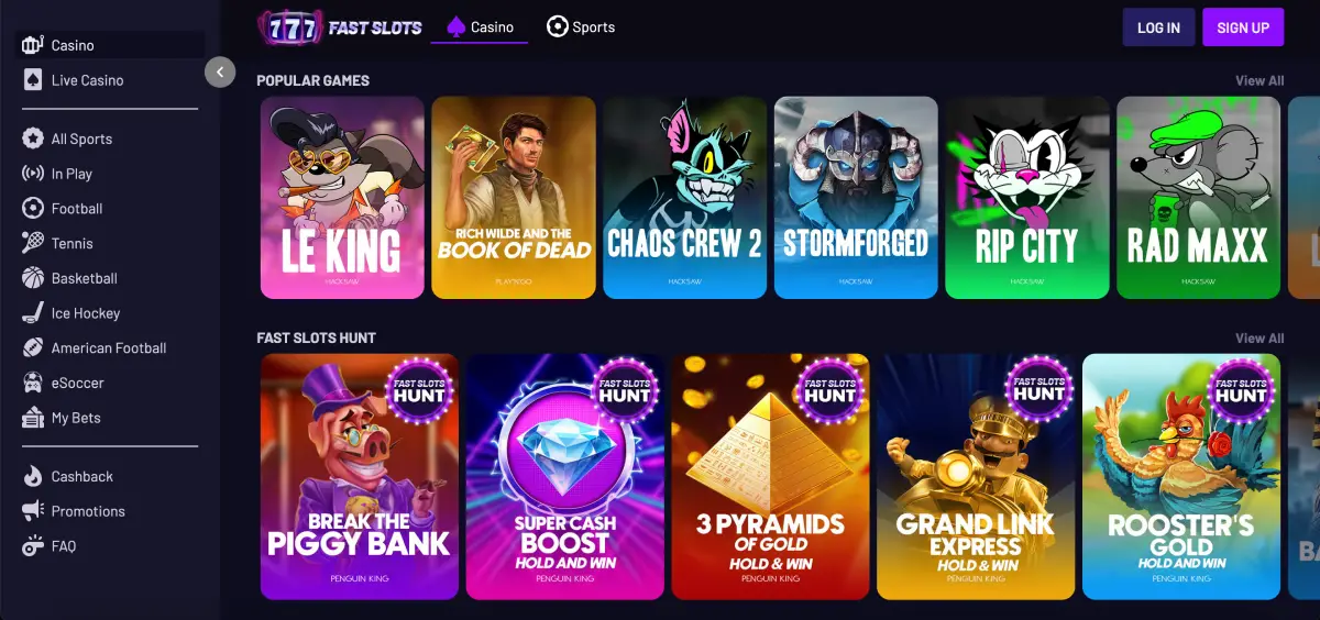 Fast Slots casino homepage showing game categories and user dashboard