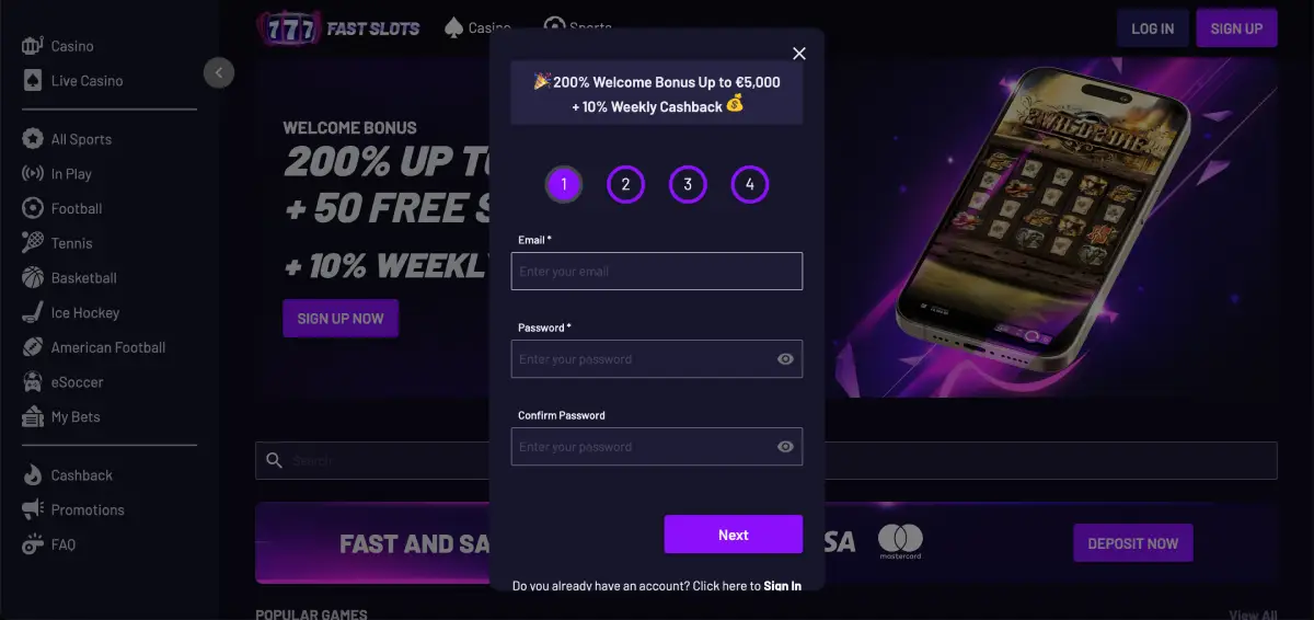 Mobile version of Fast Slots Casino with slot games and deposit menu