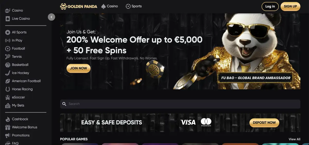 Golden Panda Casino homepage with game lobby and featured bonuses Golden Panda Casino homepage with game lobby and featured bonuses
