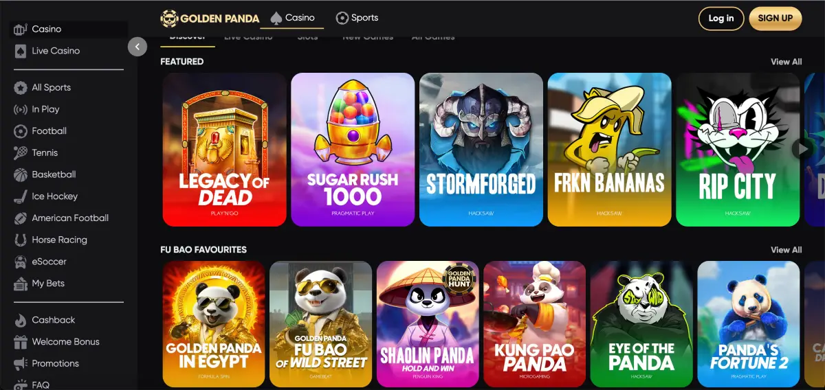 Live casino section at Golden Panda with blackjack, roulette, and baccarat Live casino section at Golden Panda with blackjack, roulette, and baccarat