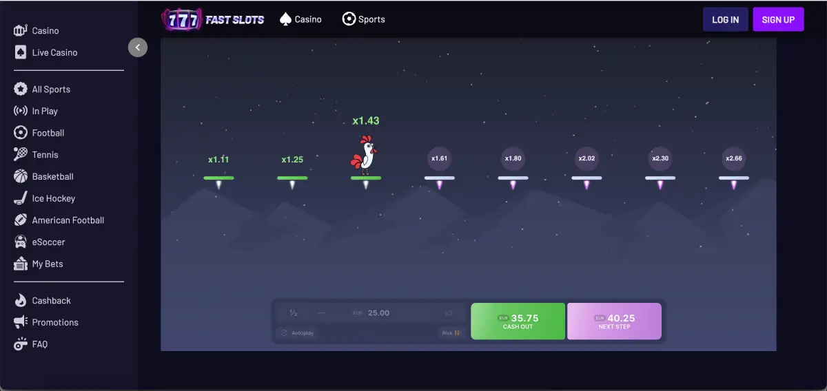 Rooster Run game showing high-risk path with reduced steps and rising multiplier