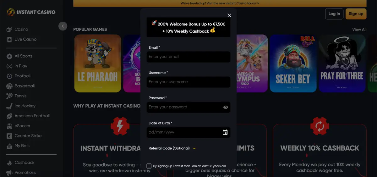 Fast withdrawal methods at Instant Casino with payment options listed