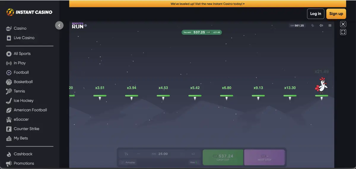 Rooster Run game in instant mode attempting single-leap multiplier