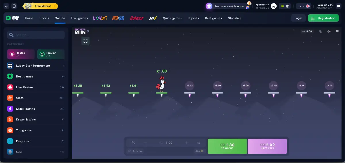 Rooster Run game leaderboard interface with current bets and top payouts