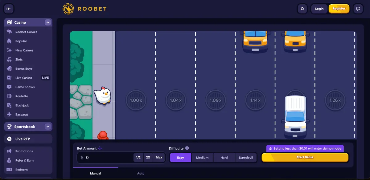  Roobet Chicken Road game on mobile with active multiplier steps