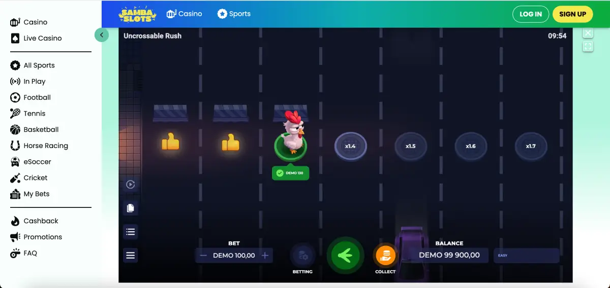 Mobile version of Samba Slots Casino showing game categories and live lobby