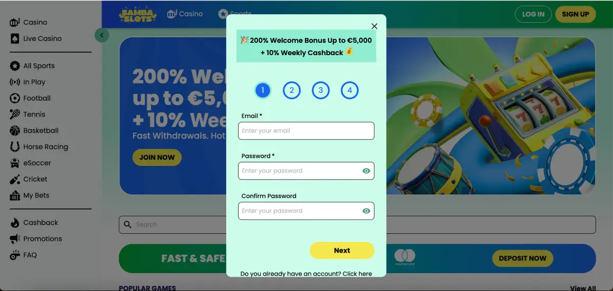 Registration form at Samba Slots with fields for email, password, and personal details