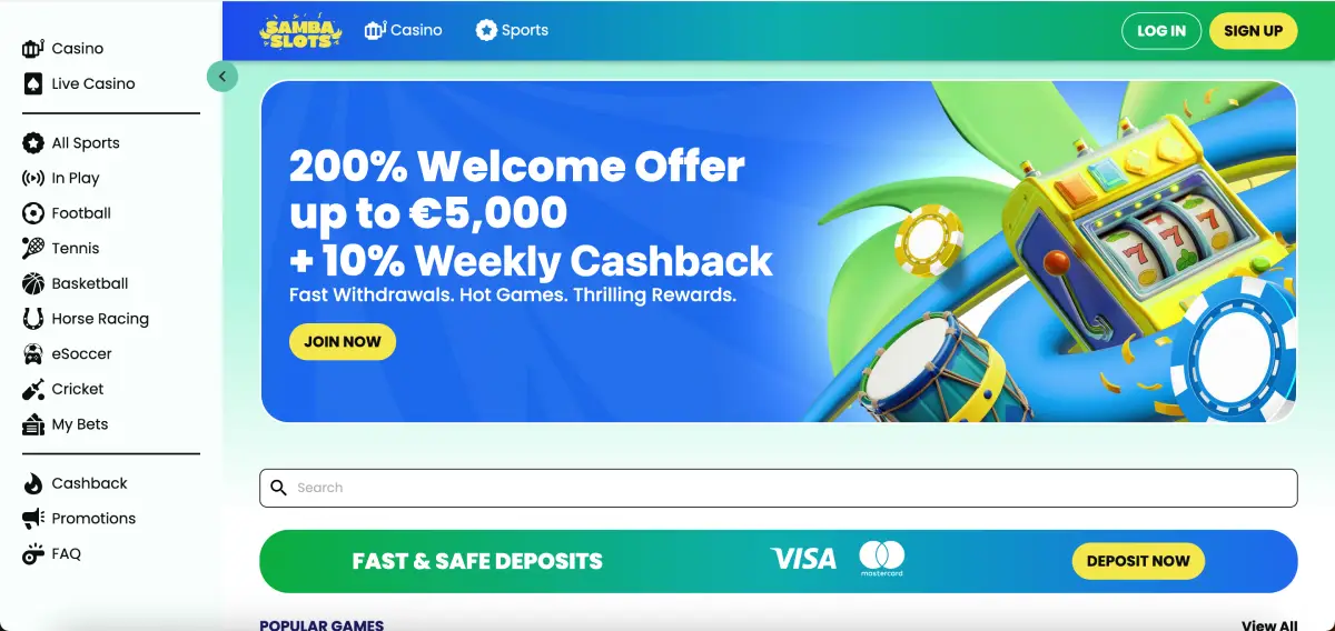 200% welcome bonus up to €7,500 available for new Samba Slots players