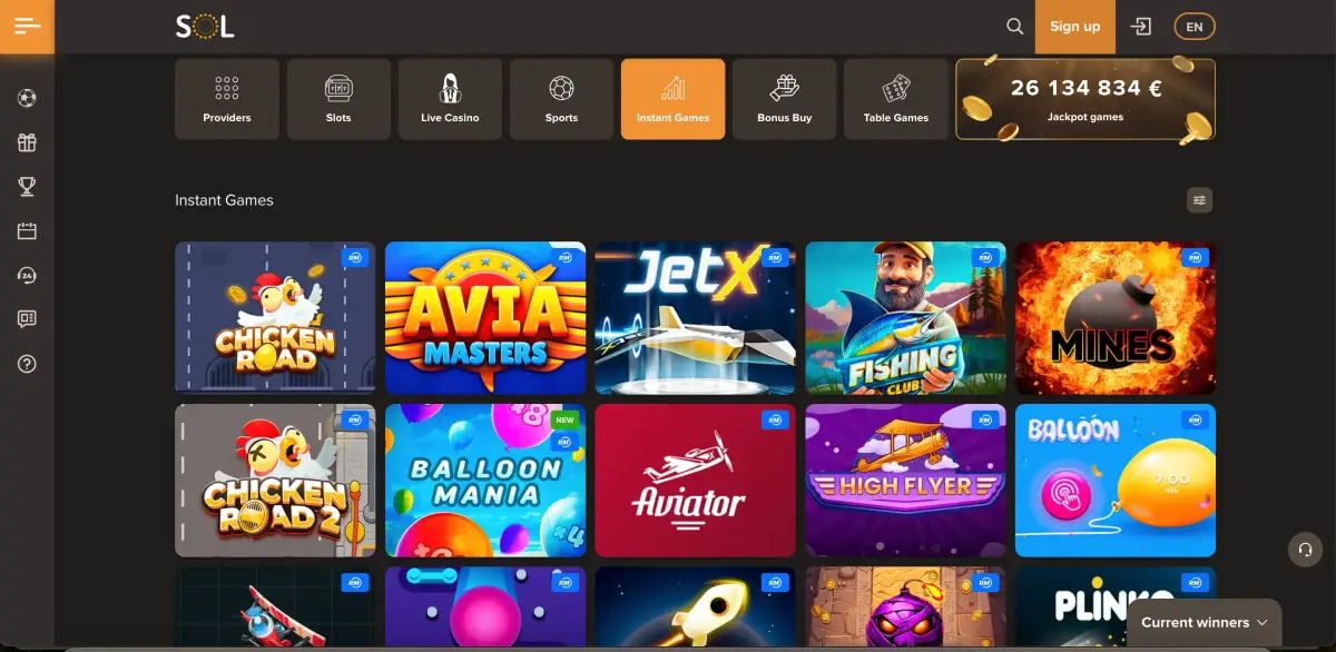 Crash Games section in Sol Casino lobby with Chicken Road featured