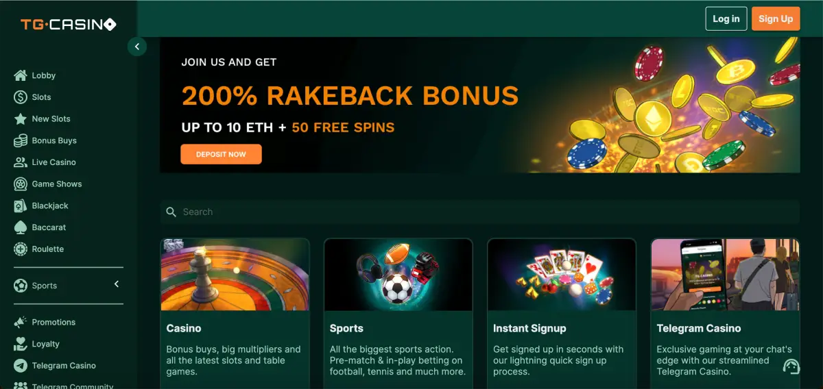 TG Casino Telegram bot interface with play and deposit buttons