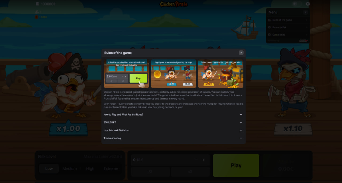 Chicken Pirate demo mode available at Fresh and 1win Casino