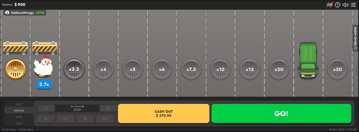 Chicken Route demo round showing 2.7x multiplier before cash out