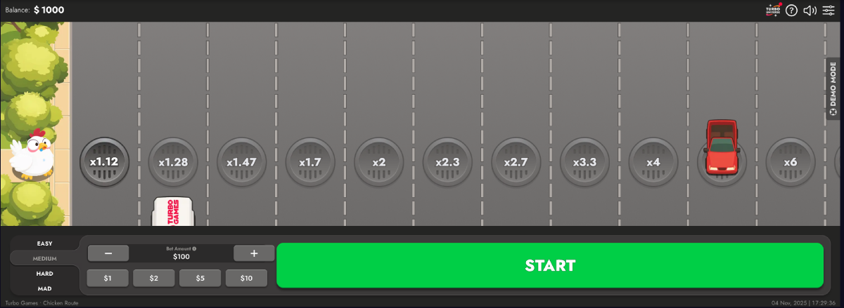 Chicken Route game start screen with easy mode and x1.12 multiplier