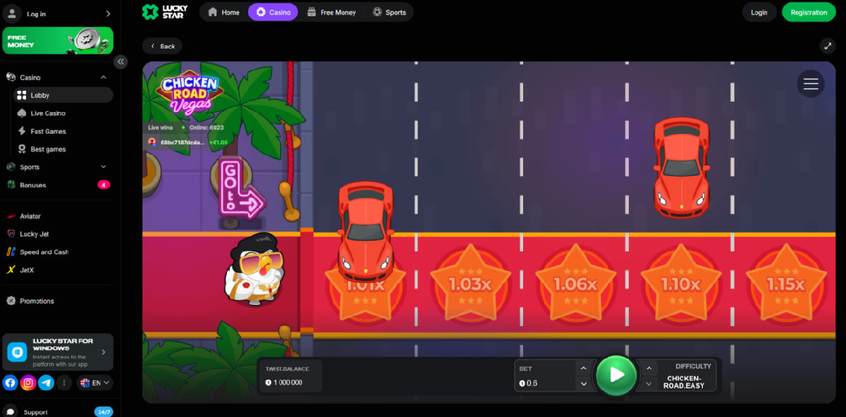 Chicken Road Vegas slot gameplay with road crossing mechanics and multipliers