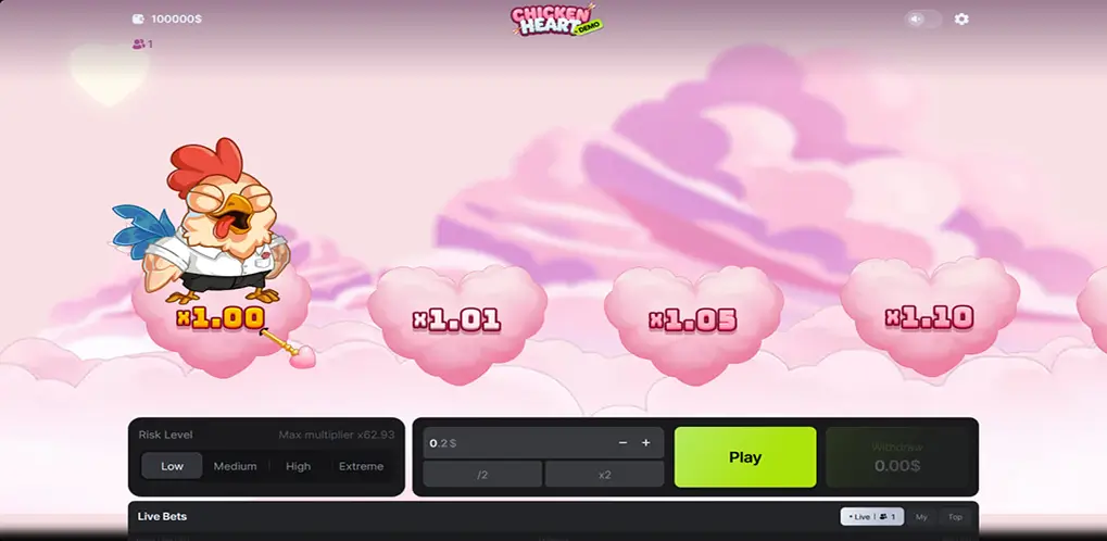 Chicken Heart game overview with 100HP provider, RTP, volatility, bets and risk levels