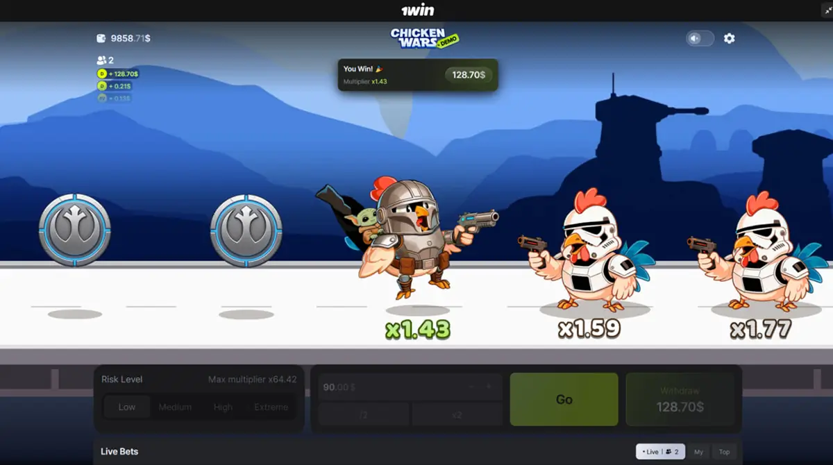 Chicken Wars game parameters with RTP, bets and risk levels